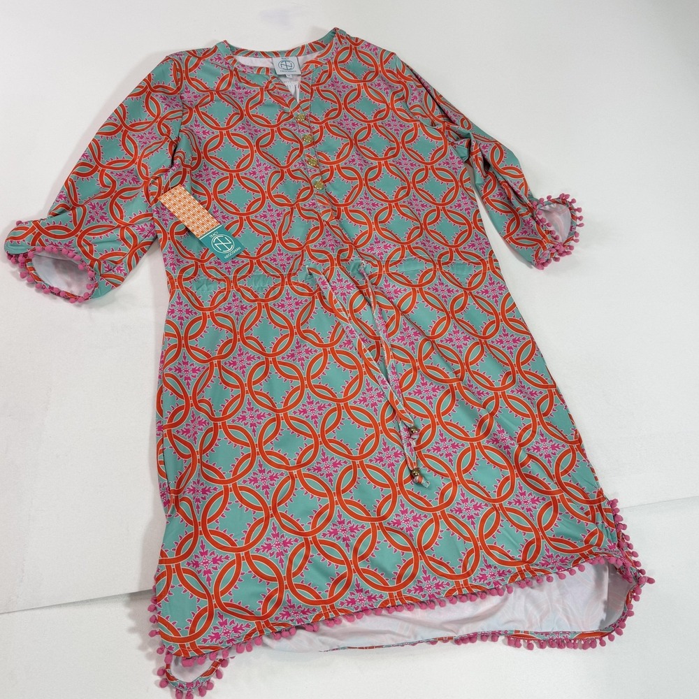 Tracy Negoshian Dress Womens Medium TiANA‎ Pom Pom Tunic Boho Tapestry Cover Up